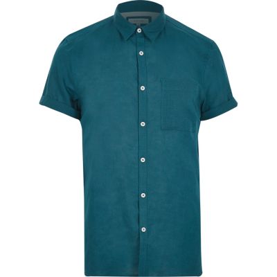 Green linen-rich short sleeve shirt